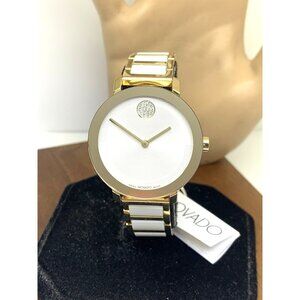 Movado Womens Watch 3601238 Bold White Dial Gold Swiss Quartz Ceramic Steel 34mm